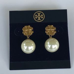 Tory Burch Pearl Drop Logo Earrings